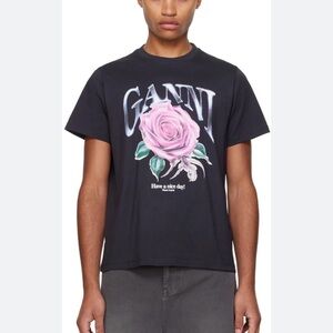 Ganni Black Tee with Pink Rose Graphic